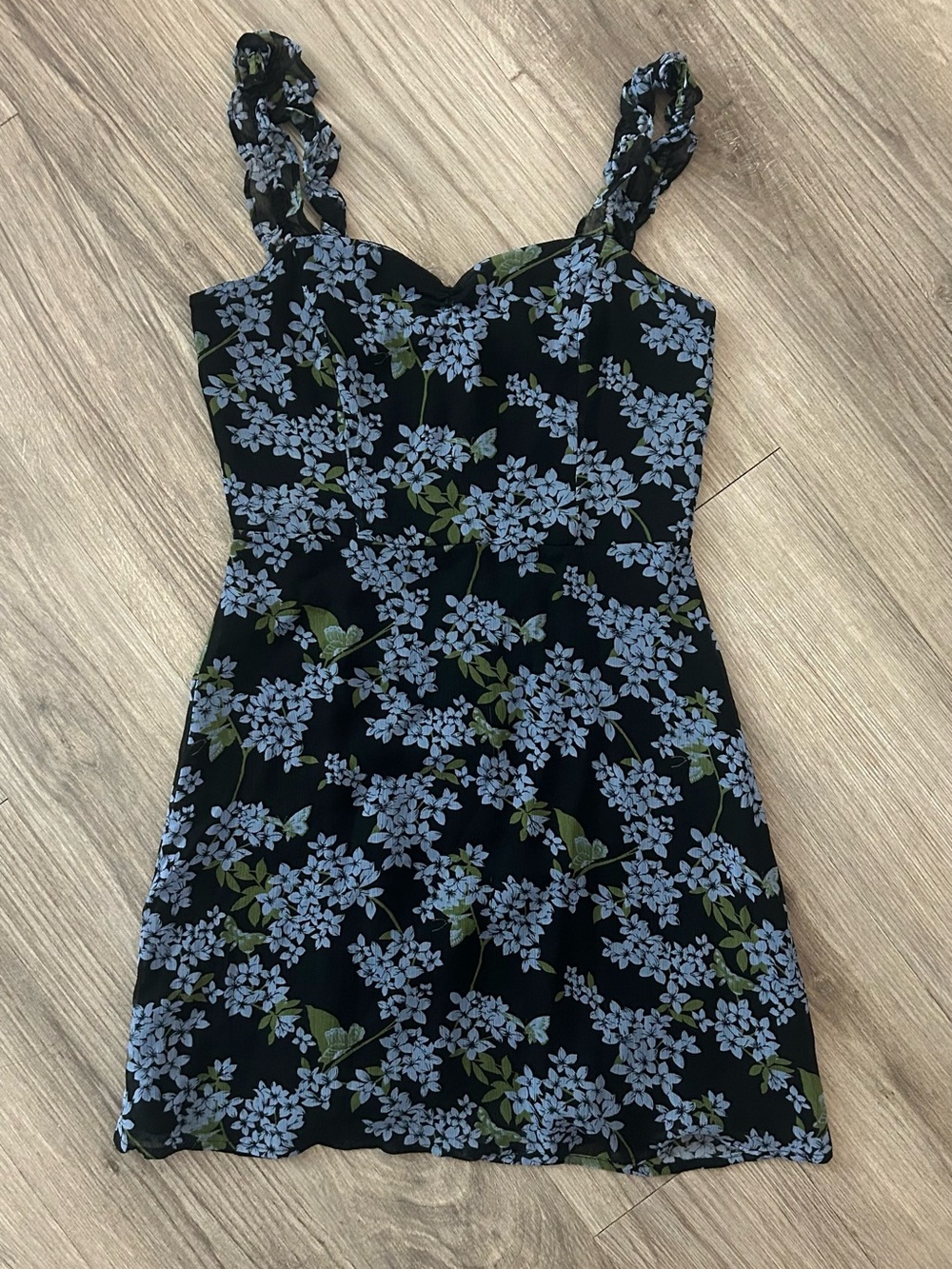 All in Favor Black Mini Dress with Blue Floral Print